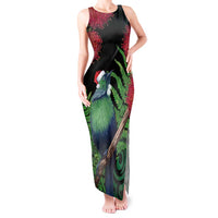 New Zealand Tui Bird Christmas Tank Maxi Dress Maori Fern Mix Pohotukawa LT14 Women Black - Polynesian Pride