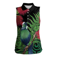 New Zealand Tui Bird Christmas Women Sleeveless Polo Shirt Maori Fern Mix Pohotukawa LT14 Female Black - Polynesian Pride