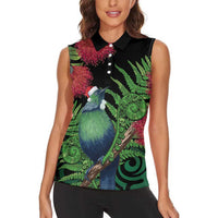 New Zealand Tui Bird Christmas Women Sleeveless Polo Shirt Maori Fern Mix Pohotukawa LT14 - Polynesian Pride