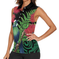 New Zealand Tui Bird Christmas Women Sleeveless Polo Shirt Maori Fern Mix Pohotukawa LT14 - Polynesian Pride