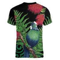 New Zealand Tui Bird Christmas Women V-Neck T-Shirt Maori Fern Mix Pohotukawa LT14 - Polynesian Pride