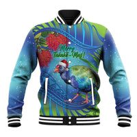 New Zealand Takahe Christmas Baseball Jacket Maori Fern Mix Pohotukawa LT14 Unisex Blue - Polynesian Pride