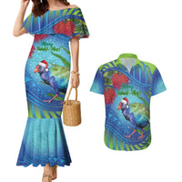New Zealand Takahe Christmas Couples Matching Mermaid Dress and Hawaiian Shirt Maori Fern Mix Pohotukawa LT14 Blue - Polynesian Pride