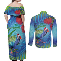 New Zealand Takahe Christmas Couples Matching Off Shoulder Maxi Dress and Long Sleeve Button Shirt Maori Fern Mix Pohotukawa LT14 - Polynesian Pride