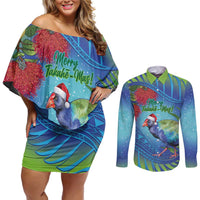 New Zealand Takahe Christmas Couples Matching Off Shoulder Short Dress and Long Sleeve Button Shirt Maori Fern Mix Pohotukawa LT14 Blue - Polynesian Pride