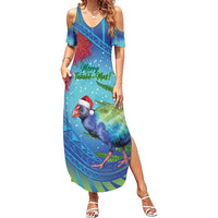 New Zealand Takahe Christmas Family Matching Summer Maxi Dress and Hawaiian Shirt Maori Fern Mix Pohotukawa LT14 Mom's Dress Blue - Polynesian Pride