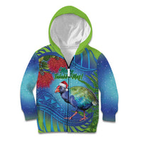 New Zealand Takahe Christmas Kid Hoodie Maori Fern Mix Pohotukawa LT14 Zip Hoodie Blue - Polynesian Pride