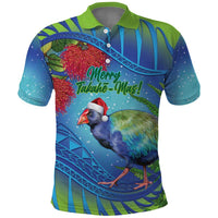 New Zealand Takahe Christmas Polo Shirt Maori Fern Mix Pohotukawa LT14 Blue - Polynesian Pride