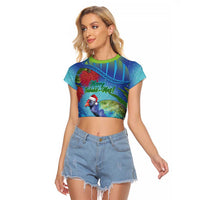 New Zealand Takahe Christmas Raglan Cropped T Shirt Maori Fern Mix Pohotukawa LT14 Female Blue - Polynesian Pride