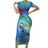 New Zealand Takahe Christmas Short Sleeve Bodycon Dress Maori Fern Mix Pohotukawa LT14 Long Dress Blue - Polynesian Pride