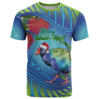 New Zealand Takahe Christmas T Shirt Maori Fern Mix Pohotukawa LT14 Blue - Polynesian Pride