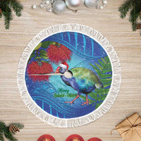 New Zealand Takahe Christmas Tree Skirt Maori Fern Mix Pohotukawa LT14 Fringed Blue - Polynesian Pride