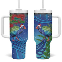 New Zealand Takahe Christmas Tumbler With Handle Maori Fern Mix Pohotukawa LT14 One Size: 40 oz Blue - Polynesian Pride