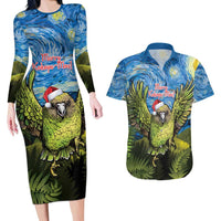 Personalised Jumping Kakapo Christmas Couples Matching Long Sleeve Bodycon Dress and Hawaiian Shirt New Zealand Fern - Starry Night Style LT14 Green - Polynesian Pride