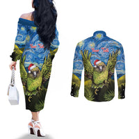 Personalised Jumping Kakapo Christmas Couples Matching Off The Shoulder Long Sleeve Dress and Long Sleeve Button Shirt New Zealand Fern - Starry Night Style LT14 - Polynesian Pride