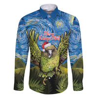 Personalised Jumping Kakapo Christmas Family Matching Off Shoulder Short Dress and Hawaiian Shirt New Zealand Fern - Starry Night Style LT14 Dad's Shirt - Long Sleeve Green - Polynesian Pride