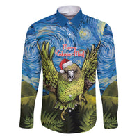 Personalised Jumping Kakapo Christmas Family Matching Puletasi and Hawaiian Shirt New Zealand Fern - Starry Night Style LT14 Dad's Shirt - Long Sleeve Green - Polynesian Pride