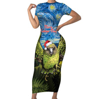 Personalised Jumping Kakapo Christmas Family Matching Short Sleeve Bodycon Dress and Hawaiian Shirt New Zealand Fern - Starry Night Style LT14 Mom's Dress Green - Polynesian Pride