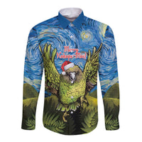 Personalised Jumping Kakapo Christmas Long Sleeve Button Shirt New Zealand Fern - Starry Night Style LT14 Unisex Green - Polynesian Pride