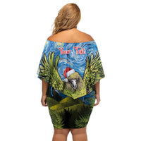 Personalised Jumping Kakapo Christmas Off Shoulder Short Dress New Zealand Fern - Starry Night Style LT14 - Polynesian Pride
