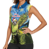 Personalised Jumping Kakapo Christmas Women Sleeveless Polo Shirt New Zealand Fern - Starry Night Style LT14 - Polynesian Pride