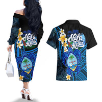 Hafa Adai Guam Couples Matching Off The Shoulder Long Sleeve Dress and Hawaiian Shirt Guahan Sea Turtle Tropical Style LT14 - Polynesian Pride
