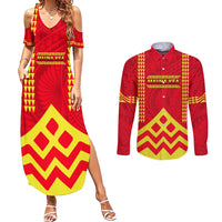 Hawaii Mauna Kea Couples Matching Summer Maxi Dress and Long Sleeve Button Shirt Hawaiian Kakau Tribal Pattern LT14 Red - Polynesian Pride