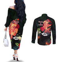 Hawaii Mauna Kea Couples Matching Off The Shoulder Long Sleeve Dress and Long Sleeve Button Shirt White Mountain With Nene Tropical Vibes LT14 - Polynesian Pride