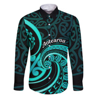 Turquoise New Zealand Mangopare Family Matching Summer Maxi Dress and Hawaiian Shirt Aotearoa Maori Koru Style LT14 Dad's Shirt - Long Sleeve Turquoise - Polynesian Pride