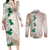 Cook Islands Tiare Maori With Conch Shell Couples Matching Long Sleeve Bodycon Dress and Long Sleeve Button Shirt 2025 Pasifika Polynesian Tattoo LT14 Brown - Polynesian Pride
