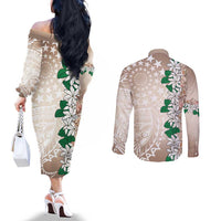 Cook Islands Tiare Maori With Conch Shell Couples Matching Off The Shoulder Long Sleeve Dress and Long Sleeve Button Shirt 2025 Pasifika Polynesian Tattoo LT14 - Polynesian Pride