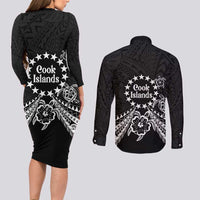 Kia Orana Cook Islands Couples Matching Long Sleeve Bodycon Dress and Long Sleeve Button Shirt 2025 Pasifika Polynesian Turtle Black Color LT14 - Polynesian Pride