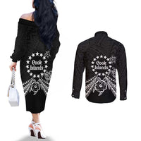 Kia Orana Cook Islands Couples Matching Off The Shoulder Long Sleeve Dress and Long Sleeve Button Shirt 2025 Pasifika Polynesian Turtle Black Color LT14 - Polynesian Pride