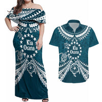 Kia Orana Cook Islands Couples Matching Off Shoulder Maxi Dress and Hawaiian Shirt Polynesian Turtle Crowberry Blue Color LT14 Crowberry Blue - Polynesian Pride