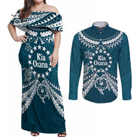Kia Orana Cook Islands Couples Matching Off Shoulder Maxi Dress and Long Sleeve Button Shirt Polynesian Turtle Crowberry Blue Color LT14 Crowberry Blue - Polynesian Pride