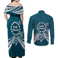 Kia Orana Cook Islands Couples Matching Off Shoulder Maxi Dress and Long Sleeve Button Shirt Polynesian Turtle Crowberry Blue Color LT14 - Polynesian Pride