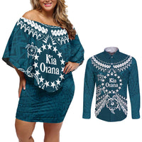 Kia Orana Cook Islands Couples Matching Off Shoulder Short Dress and Long Sleeve Button Shirt Polynesian Turtle Crowberry Blue Color LT14 Crowberry Blue - Polynesian Pride
