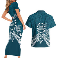 Kia Orana Cook Islands Couples Matching Short Sleeve Bodycon Dress and Hawaiian Shirt Polynesian Turtle Crowberry Blue Color LT14 - Polynesian Pride