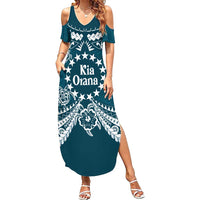 Kia Orana Cook Islands Summer Maxi Dress Polynesian Turtle Crowberry Blue Color