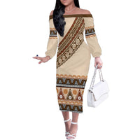 Bula Fiji Family Matching Off The Shoulder Long Sleeve Dress and Hawaiian Shirt 2025 Pasifika Traditional Fijian Masi LT14 Mom's Dress Beige - Polynesian Pride