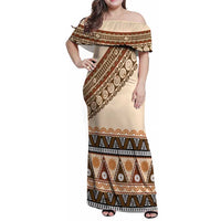 Bula Fiji Family Matching Off Shoulder Maxi Dress and Hawaiian Shirt 2025 Pasifika Traditional Fijian Masi LT14 Mom's Dress Beige - Polynesian Pride