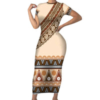 Bula Fiji Short Sleeve Bodycon Dress 2025 Pasifika Traditional Fijian Masi LT14 Long Dress Beige - Polynesian Pride