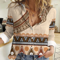Bula Fiji Women Casual Shirt 2025 Pasifika Traditional Fijian Masi LT14 Female Beige - Polynesian Pride