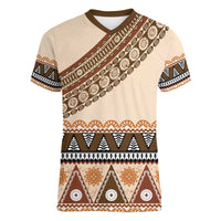 Bula Fiji Women V-Neck T-Shirt 2025 Pasifika Traditional Fijian Masi LT14 Female Beige - Polynesian Pride