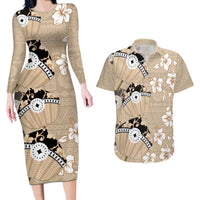 Bula Fiji Iri Buli Couples Matching Long Sleeve Bodycon Dress and Hawaiian Shirt Woven Fan With Fijian Tapa LT14 Beige - Polynesian Pride