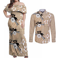 Bula Fiji Iri Buli Couples Matching Off Shoulder Maxi Dress and Long Sleeve Button Shirt Woven Fan With Fijian Tapa LT14 Beige - Polynesian Pride