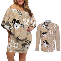 Bula Fiji Iri Buli Couples Matching Off Shoulder Short Dress and Long Sleeve Button Shirt Woven Fan With Fijian Tapa LT14 Beige - Polynesian Pride
