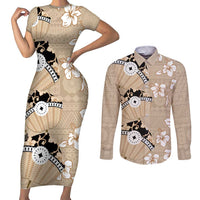 Bula Fiji Iri Buli Couples Matching Short Sleeve Bodycon Dress and Long Sleeve Button Shirt Woven Fan With Fijian Tapa LT14 Beige - Polynesian Pride