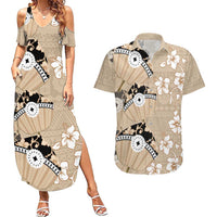 Bula Fiji Iri Buli Couples Matching Summer Maxi Dress and Hawaiian Shirt Woven Fan With Fijian Tapa LT14 Beige - Polynesian Pride
