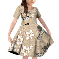 Bula Fiji Iri Buli Family Matching Off Shoulder Short Dress and Hawaiian Shirt Woven Fan With Fijian Tapa LT14 Daughter's Dress Beige - Polynesian Pride